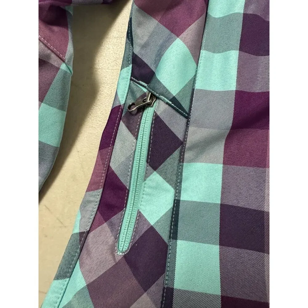 The North Face Women's Softshell Jacket Small Purple Teal Plaid Hooded Full Zip